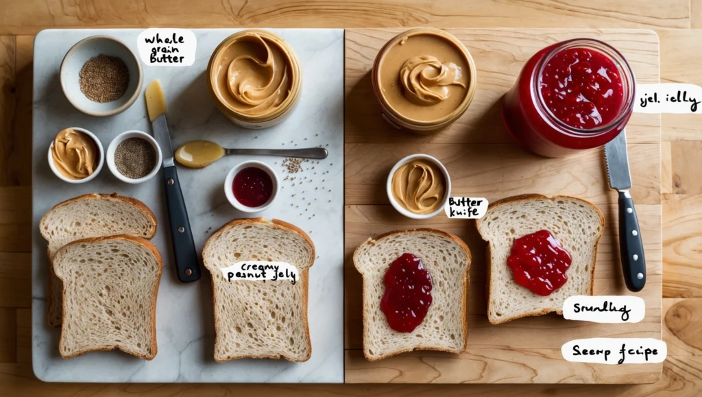 A hearty bread grain peanut butter and jelly sandwich, perfect for a healthy snack or meal