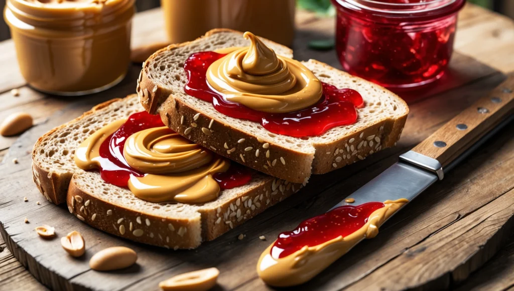 A hearty bread grain peanut butter and jelly sandwich, perfect for a healthy snack or meal