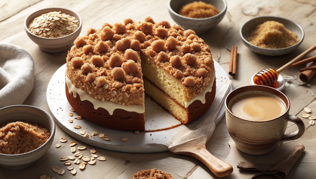 Homemade coffee cake with a crunchy oatmeal streusel topping, served on a wooden table