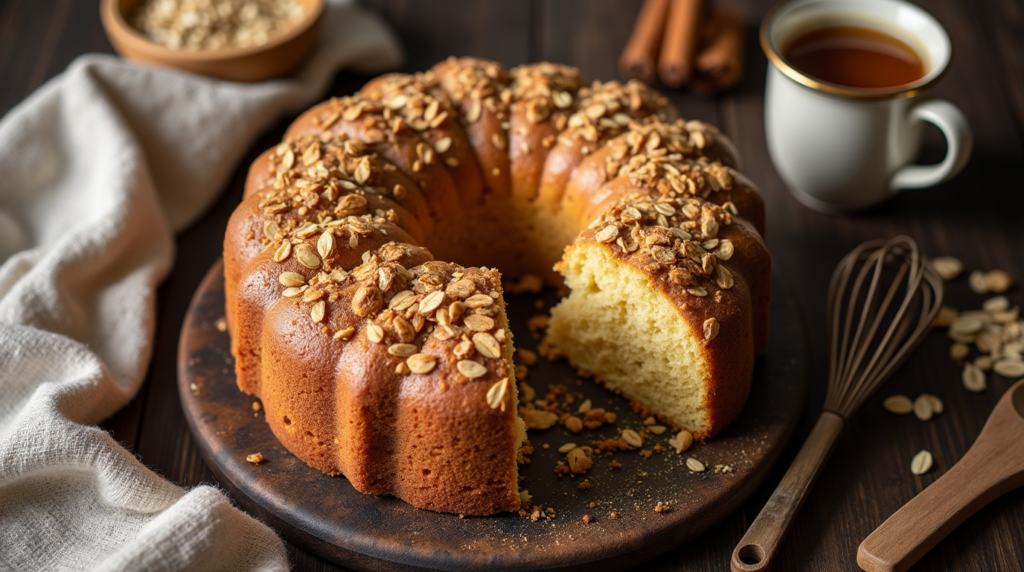 Homemade coffee cake with a crunchy oatmeal streusel topping, served on a wooden table.