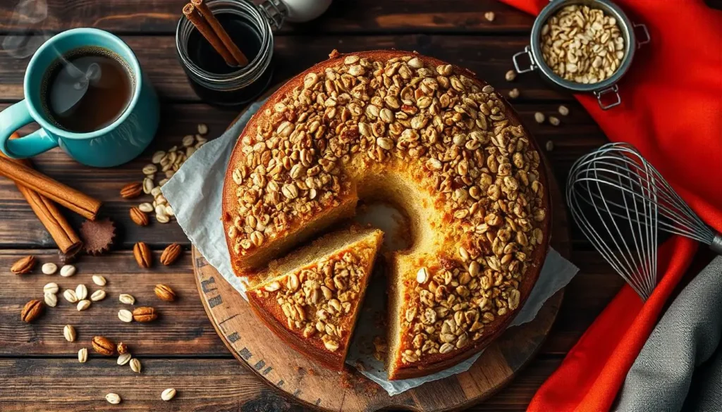 Homemade coffee cake with a crunchy oatmeal streusel topping, served on a wooden table