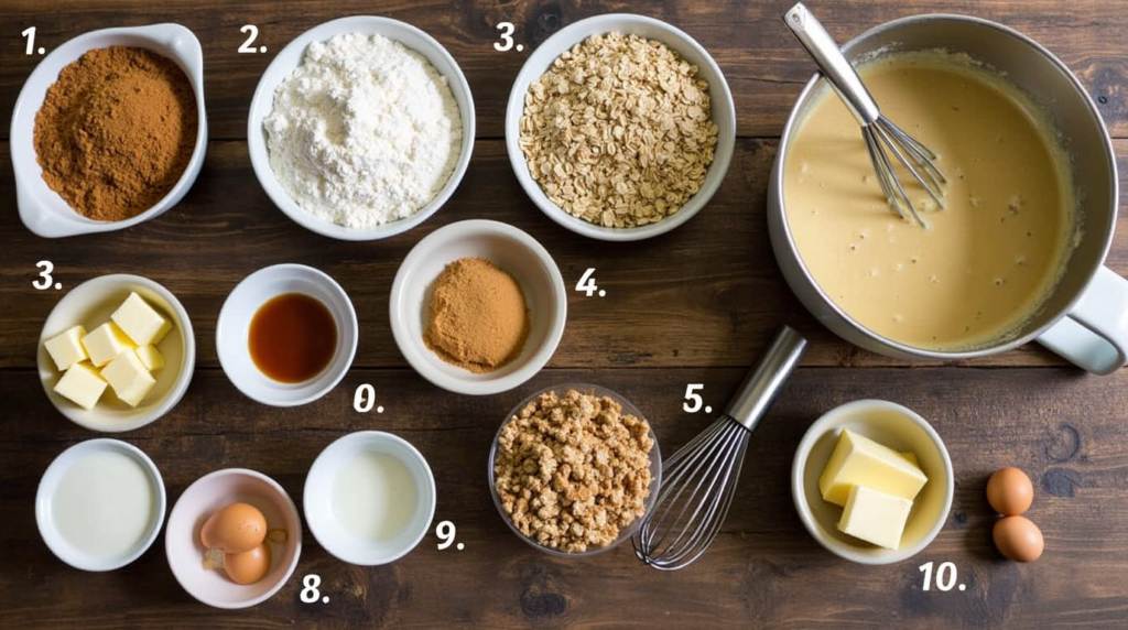 Ingredients for coffee cake with oatmeal streusel, including brown sugar, flour, oats, butter, and eggs, arranged on a wooden table.