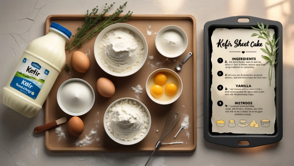 Ingredients for a kefir sheet cake, including a bottle of kefir, flour, sugar, eggs, butter, baking powder, and vanilla extract, arranged neatly on a wooden countertop.