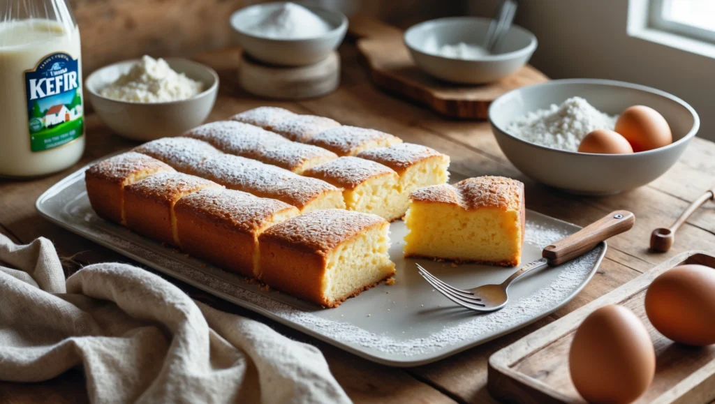 A slice of moist kefir sheet cake topped with a dusting of powdered sugar, served on a rustic plate with a fork on the side