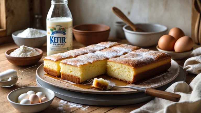 A slice of moist kefir sheet cake topped with a dusting of powdered sugar, served on a rustic plate with a fork on the side.