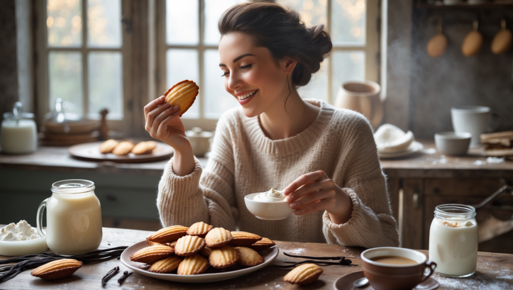 Smiling woman enjoying homemade Madeline cookies with cream in a cozy kitchen setting.