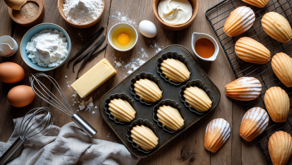 Ingredients and preparation setup for Madeline cookies with cream, including eggs, flour, butter, vanilla, and a Madeline baking tray.