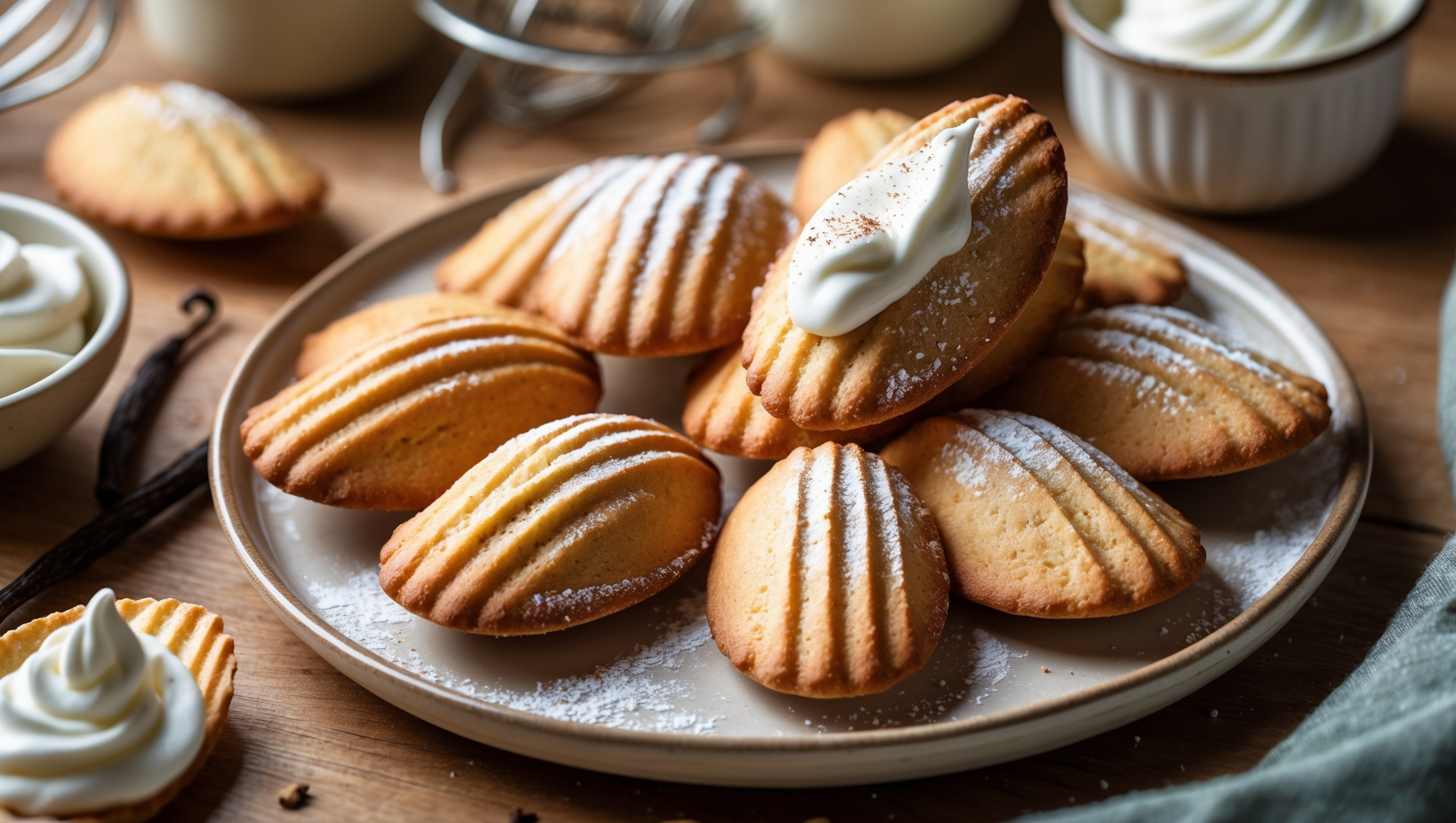 Freshly baked Madeline cookies made with cream, dusted with powdered sugar and served on a plate.