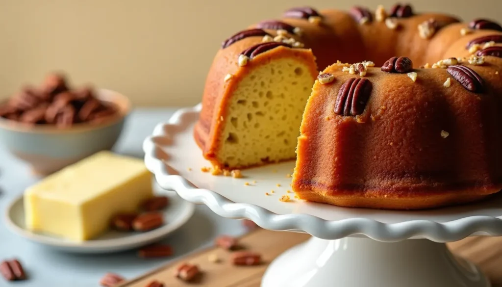 A freshly baked butter pecan pound cake with a golden-brown crust, topped with toasted pecans and a drizzle of caramel glaze, sliced to reveal its soft, moist interior.