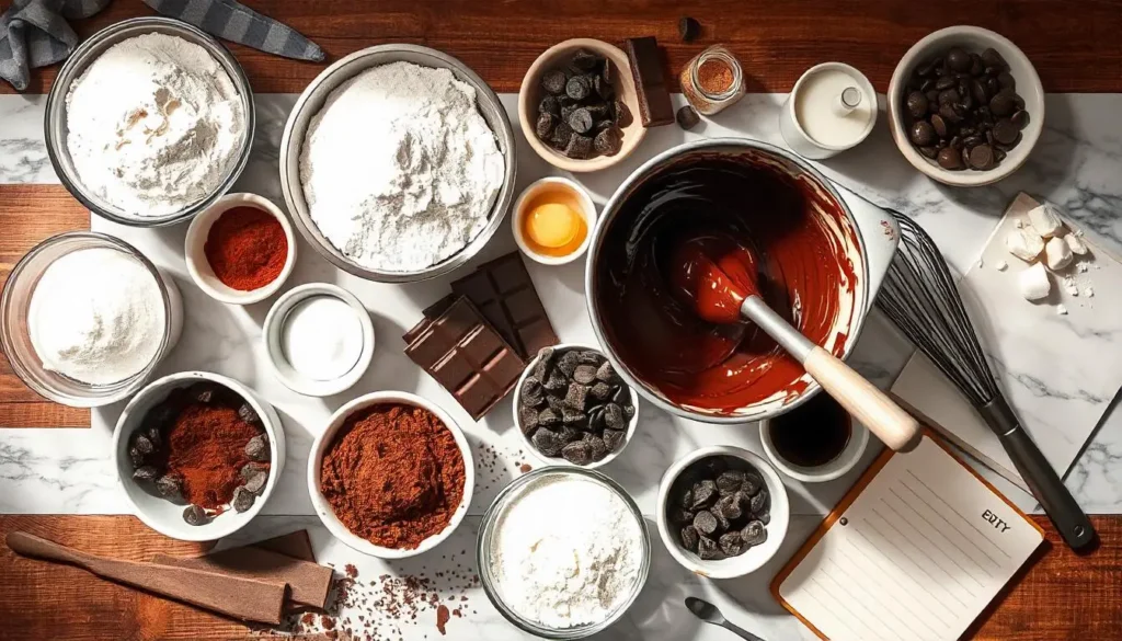 Ingredients for Prolific Oven Chocolate Orange Almond Cake Recipe arranged on a marble countertop, including dark chocolate, fresh oranges, almonds, butter, eggs, and cocoa powder.